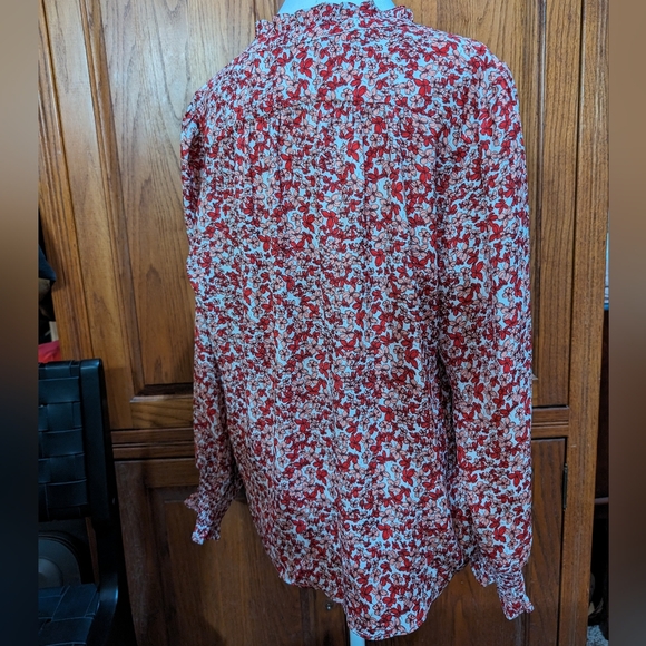 Cooper&Ella L red/peach microfloral cottagecore ruffle trim longsleeve flowy top - Picture 2 of 7
